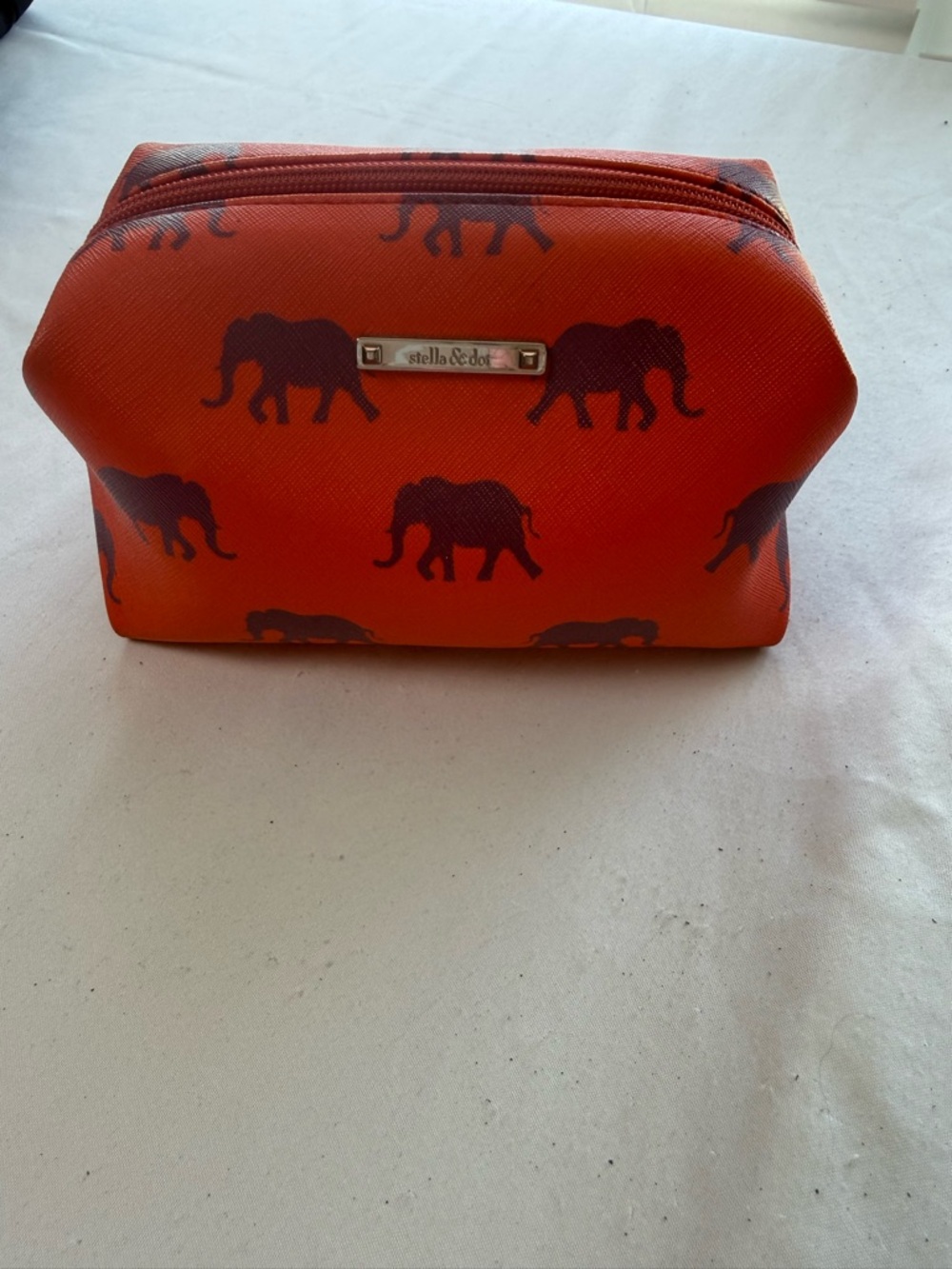 Stella & Dot Orange Elephant Print Cosmetic Pouch Zip Closure